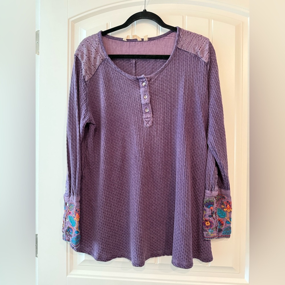 Soft Surroundings Lavender Embroidered Blouse Petite XL Cotton Linen Blend